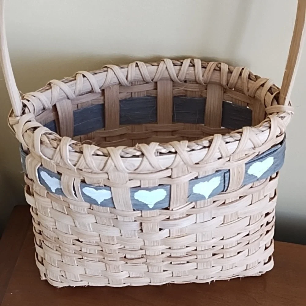 Vintage Handcrafted Woven Splint Wall Pocket Basket With Blue Heart Cutout Band